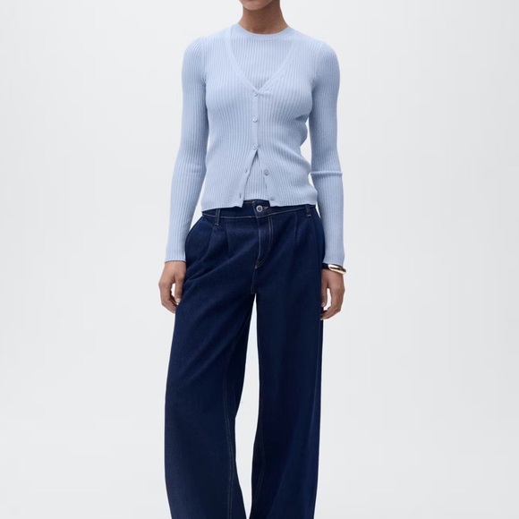 Mango Light Blue Ribbed Knit Button-Front Sweater - Picture 3 of 6